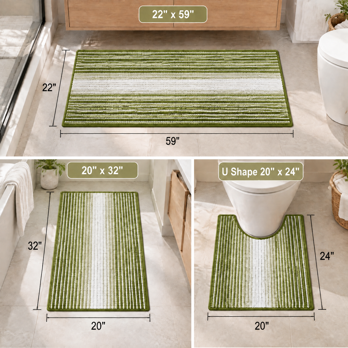 3‑Piece Sage Bathroom Rug Set, Soft Striped Chenille Bath Mats with U‑Shaped Toilet Mat, Non‑Slip Absorbent Thick Quick‑Dry Machine Washable Shower Floor Rugs for Bathroom