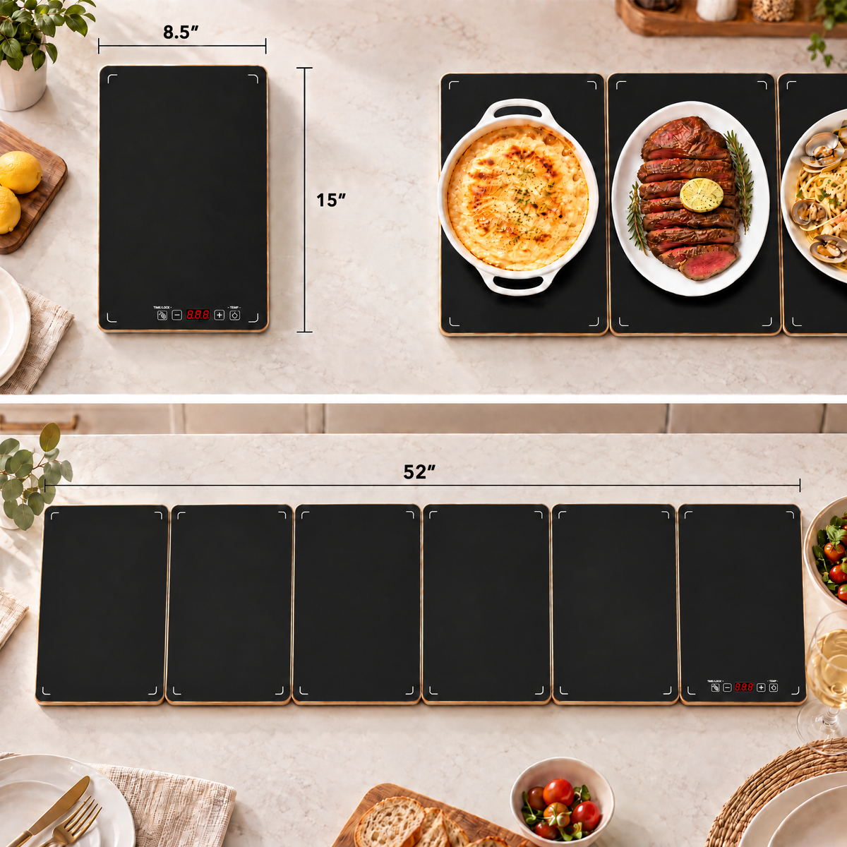 Combinable electric food warmer buffet server, warming tray with precise temperature adjustment for home parties, entertaining and professional catering events