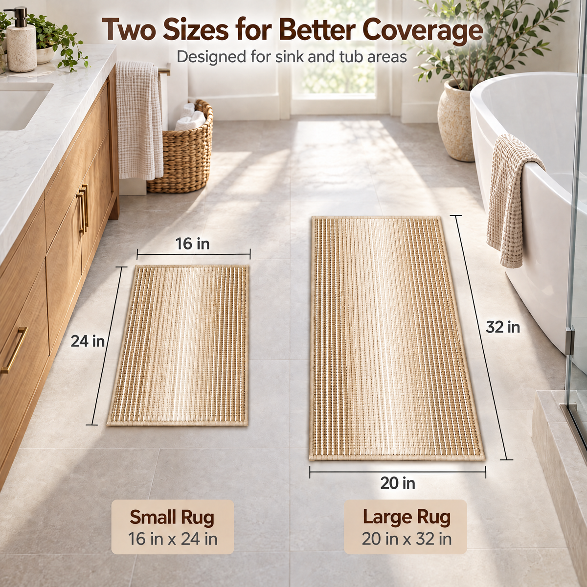 2‑Piece Boho Bathroom Rug Set, Soft Striped Chenille Non‑Slip Bath Mats, Quick‑Dry Absorbent Machine‑Washable Shower Floor Rugs for Bathroom and Bedroom Home Decor