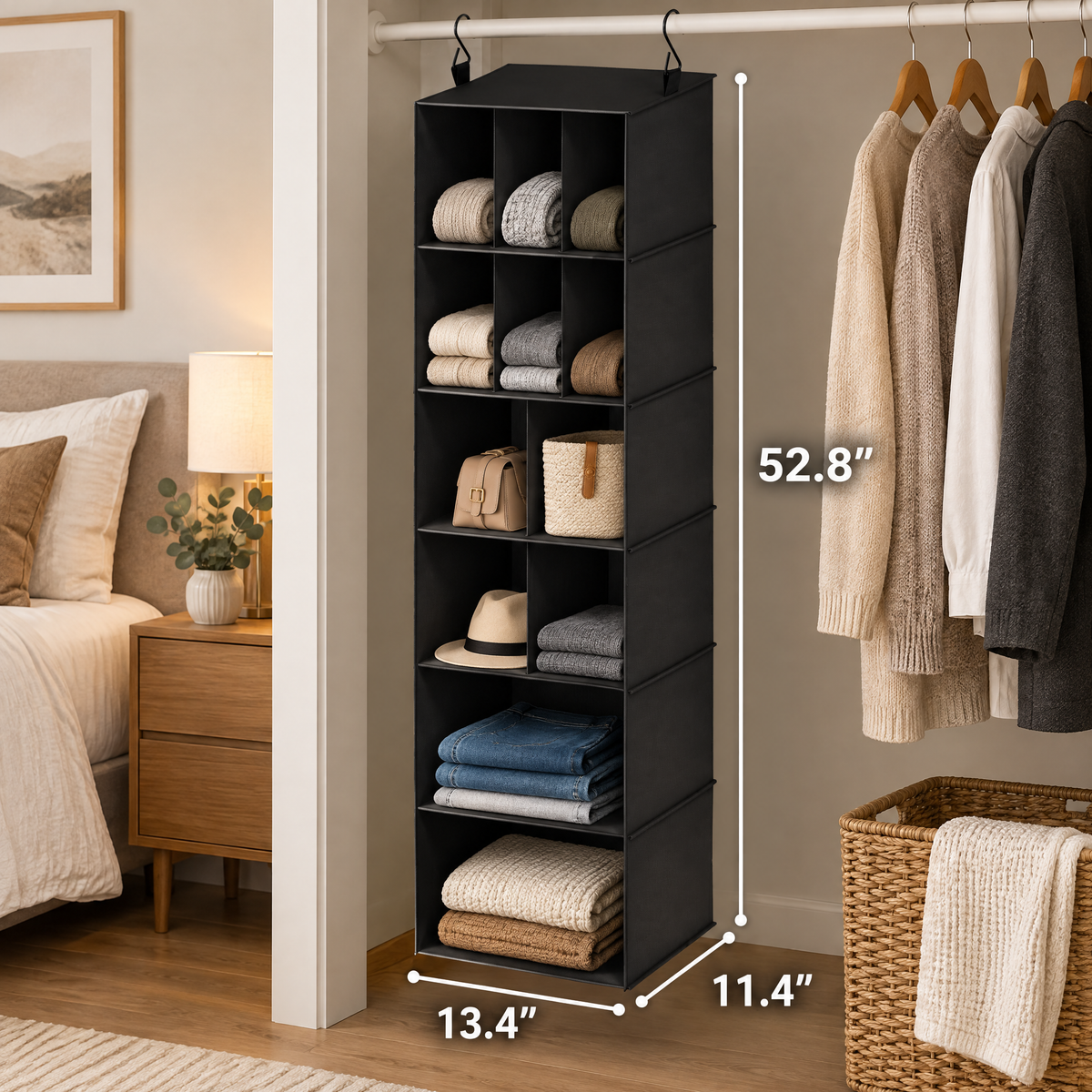 2‑pack hanging closet shoe organizer with dividers, 24‑compartment hanging shoe shelves offering tidy storage for closet, wardrobe, RV interior and freestanding garment rack organization