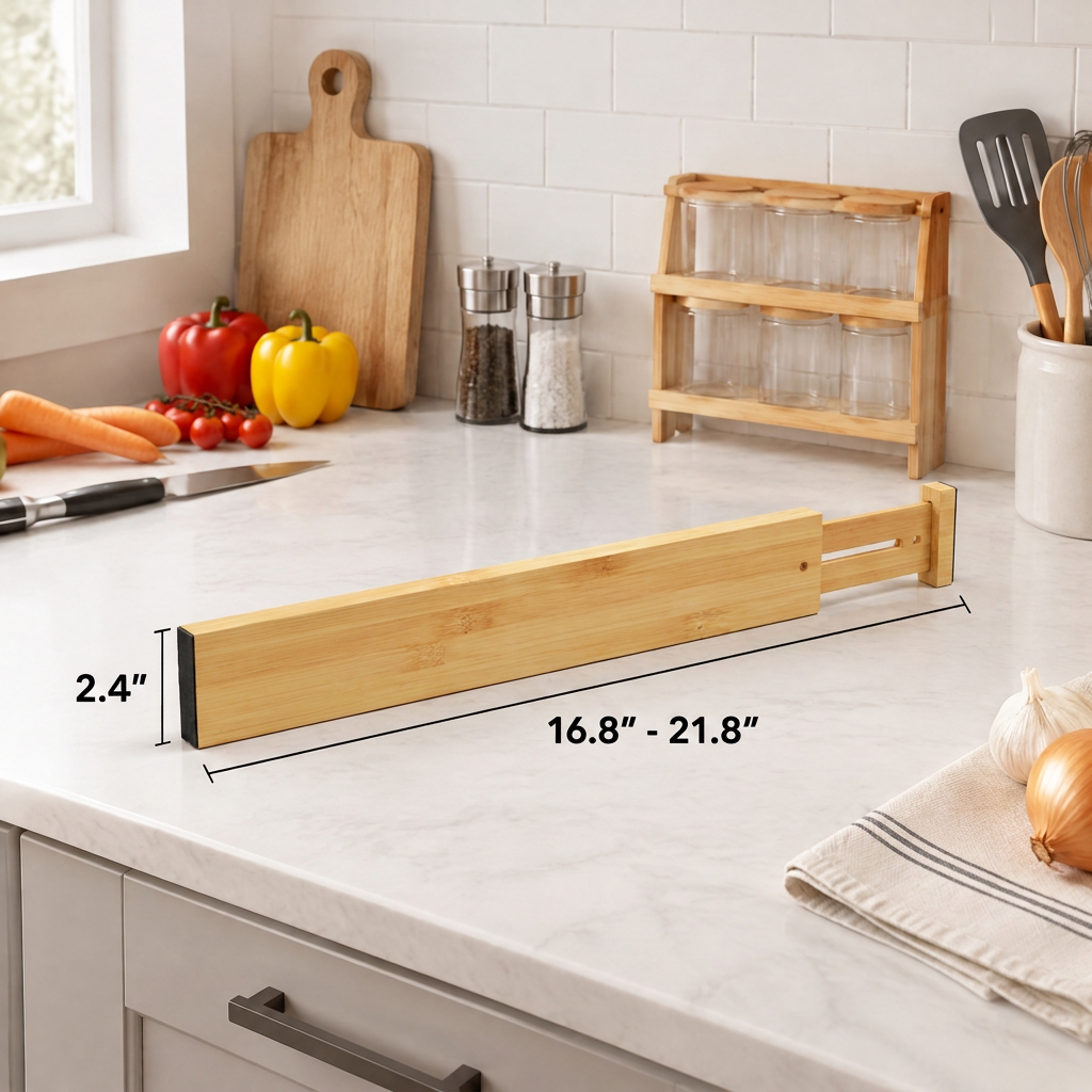 Expandable adjustable bamboo drawer dividers with label slots, set of 6 flexible drawer organizers for kitchen, dressers, bathroom and home office storage