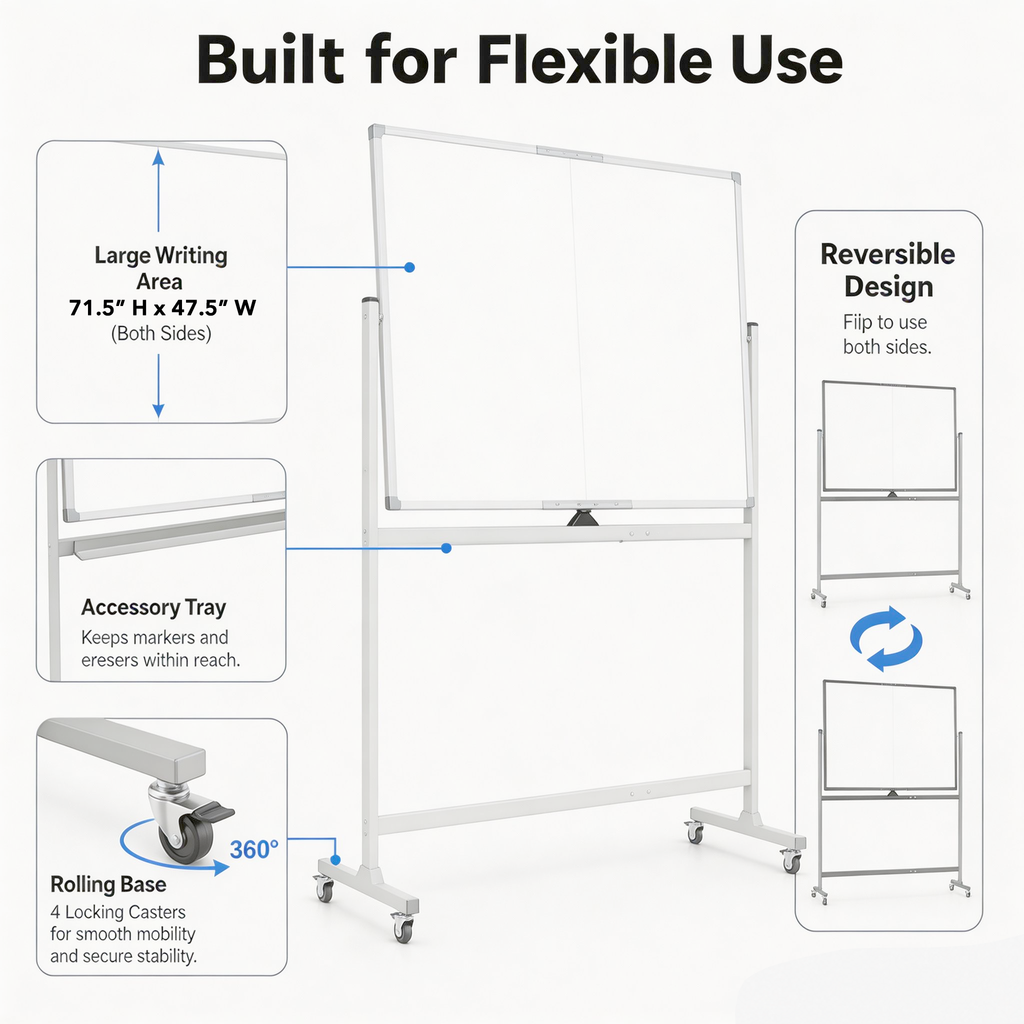Double‑Sided Magnetic Rolling Dry Erase Whiteboard with Wheels, Mobile Standing Easel White Board with Metal Stand, Portable Reversible White Board for Home, Office, Classroom and School Use