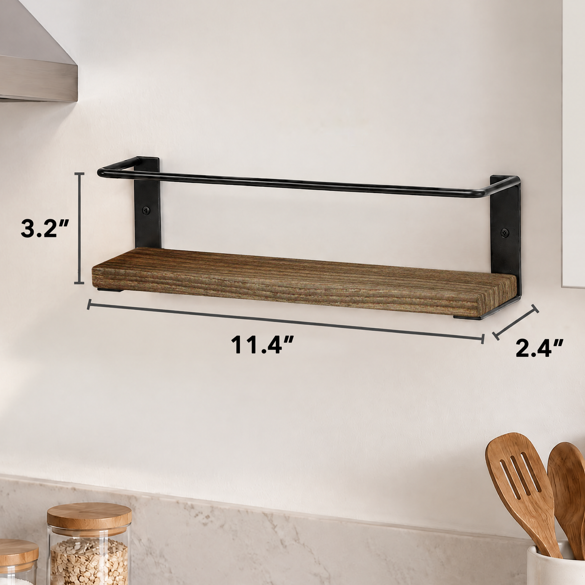 4‑pack wooden hanging spice shelf organizer for cabinet door or wall mounting, complete with 415 spice labels for cupboard, pantry and over‑the‑stove seasoning storage
