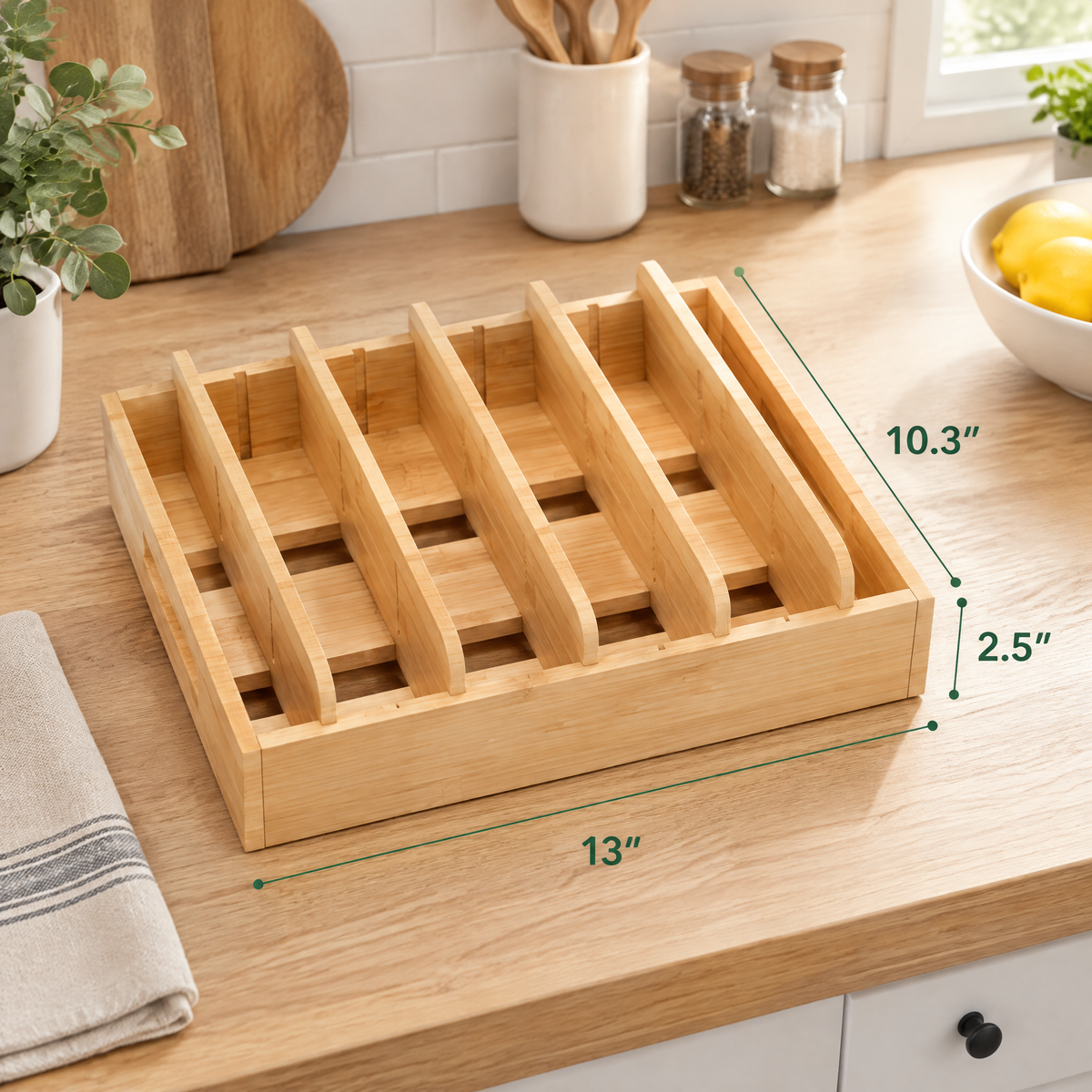 Bamboo Food Storage Lid Organizer, Adjustable Kitchen Cabinet Pantry Lid Holder with 5 Removable Dividers, Container Lid Storage Solution for Kitchen Organization