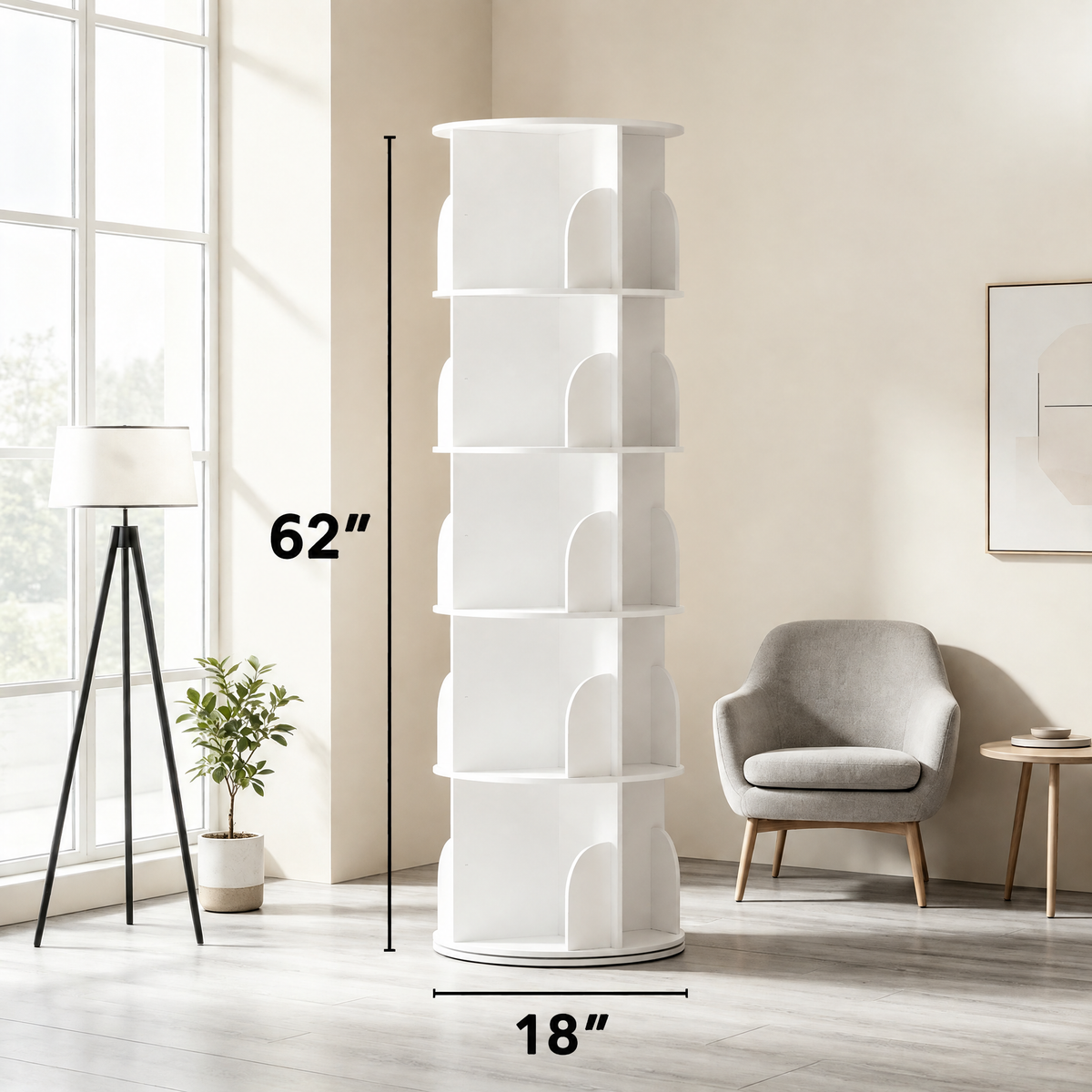 360° Revolving Round Carousel Bookshelf, 5‑Tier Spinning Lazy Susan Book Tower, Vertical Rotating Spiral Corner Storage Organizer for Bedroom and Living Room