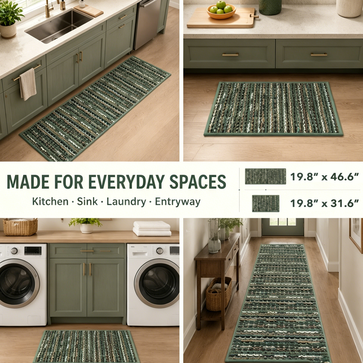 2‑Piece Kitchen Rug Set, Vintage Farmhouse Non‑Slip Floor Mats with Rubber Backing, Stain‑Resistant Washable Runner Rugs for Kitchen, Hallway, Entryway and Laundry Room