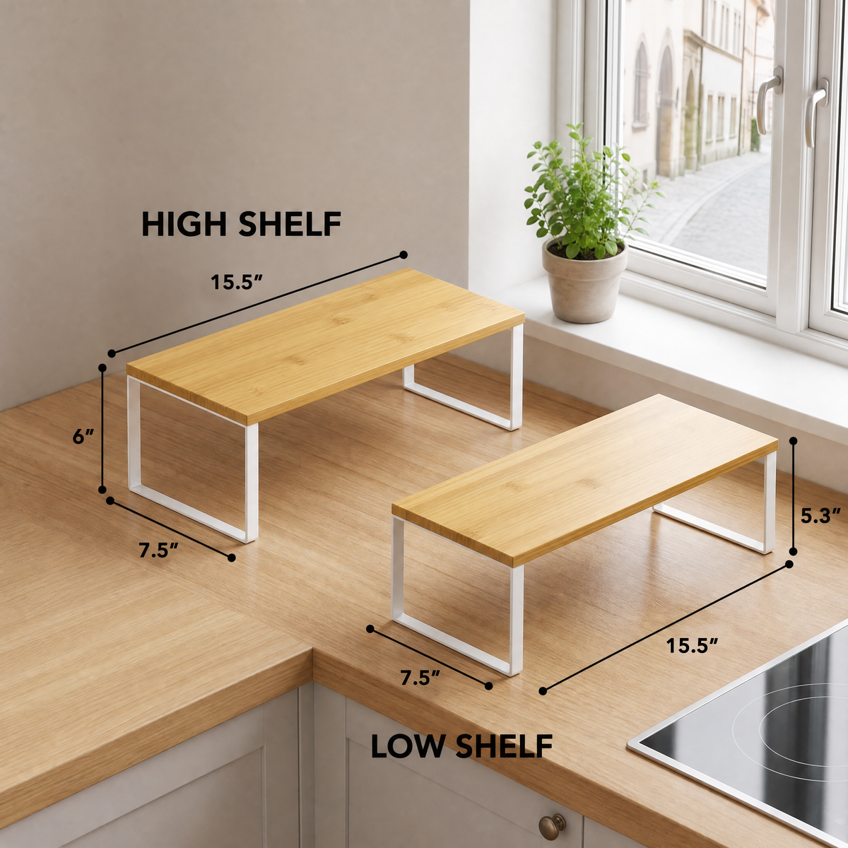2‑Pack Cabinet Shelf Organizers, Stackable Expandable Kitchen Counter Shelf Riser, Multi‑Purpose Spice Rack for Pantry and Cupboard Storage Organization