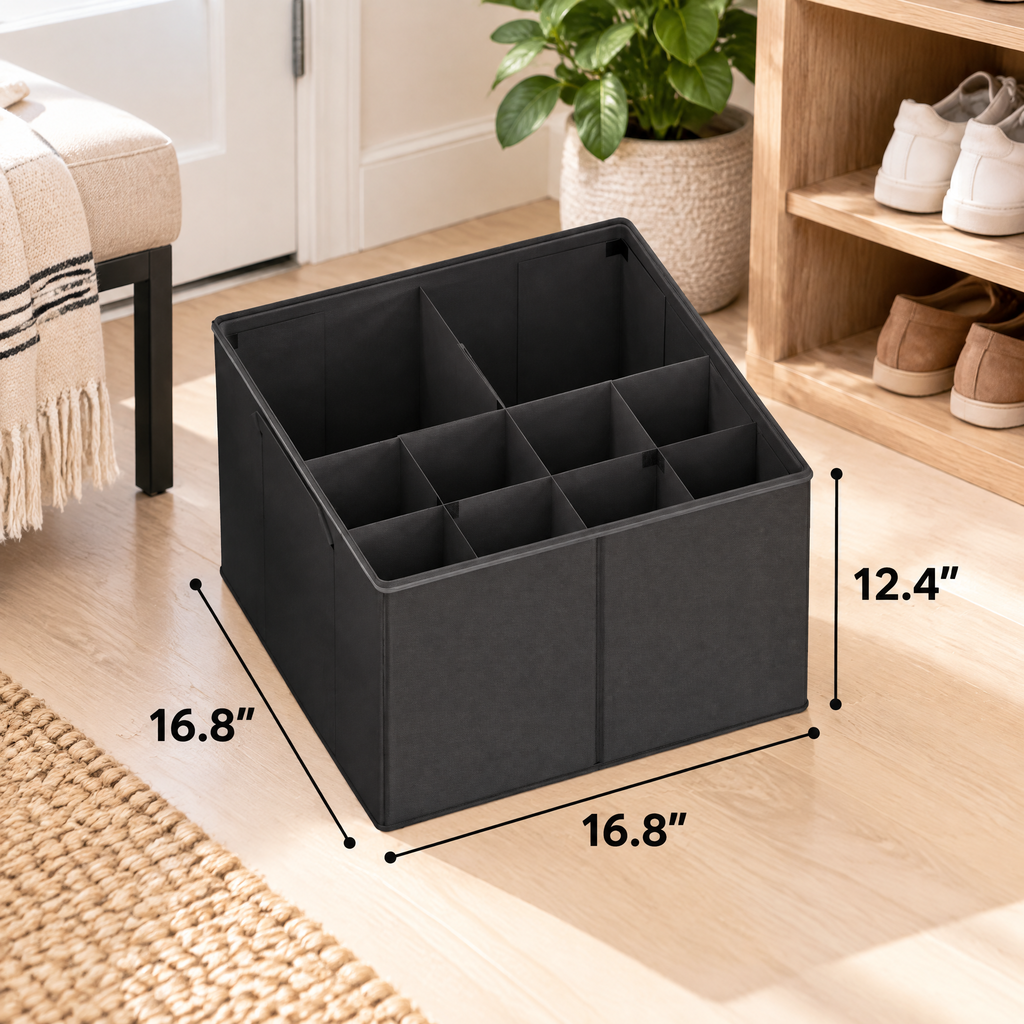 2‑pack foldable closet shoe storage bins with adjustable dividers, flexible shoe organizer containers that accommodate 16 to 32 pairs for bedroom closet footwear organization