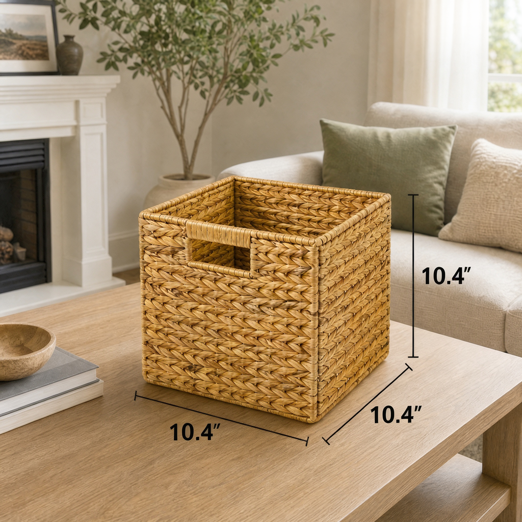 4‑pack large water hyacinth wicker storage baskets with handles, hand‑woven rattan cube organizer bins for shelves, closet and household space organization