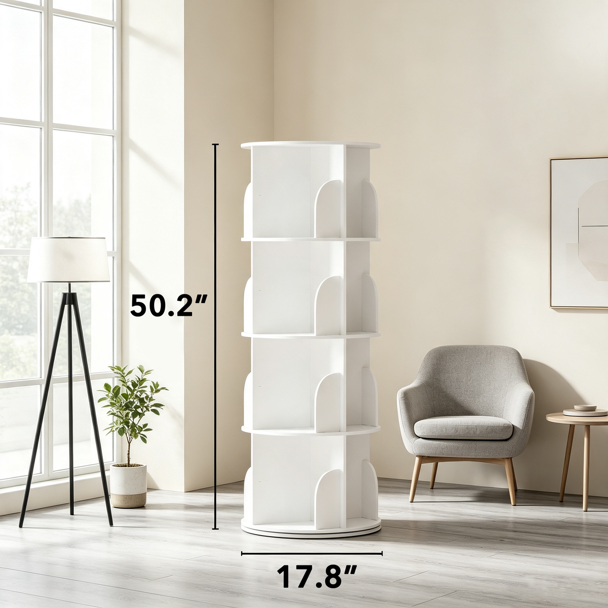 4‑Tier Rotating Bookshelf Tower, 360‑Degree Spinning Lazy Susan Bookcase, Round Revolving Carousel Storage Shelf, Vertical Spiral Corner Organizer for Home Storage