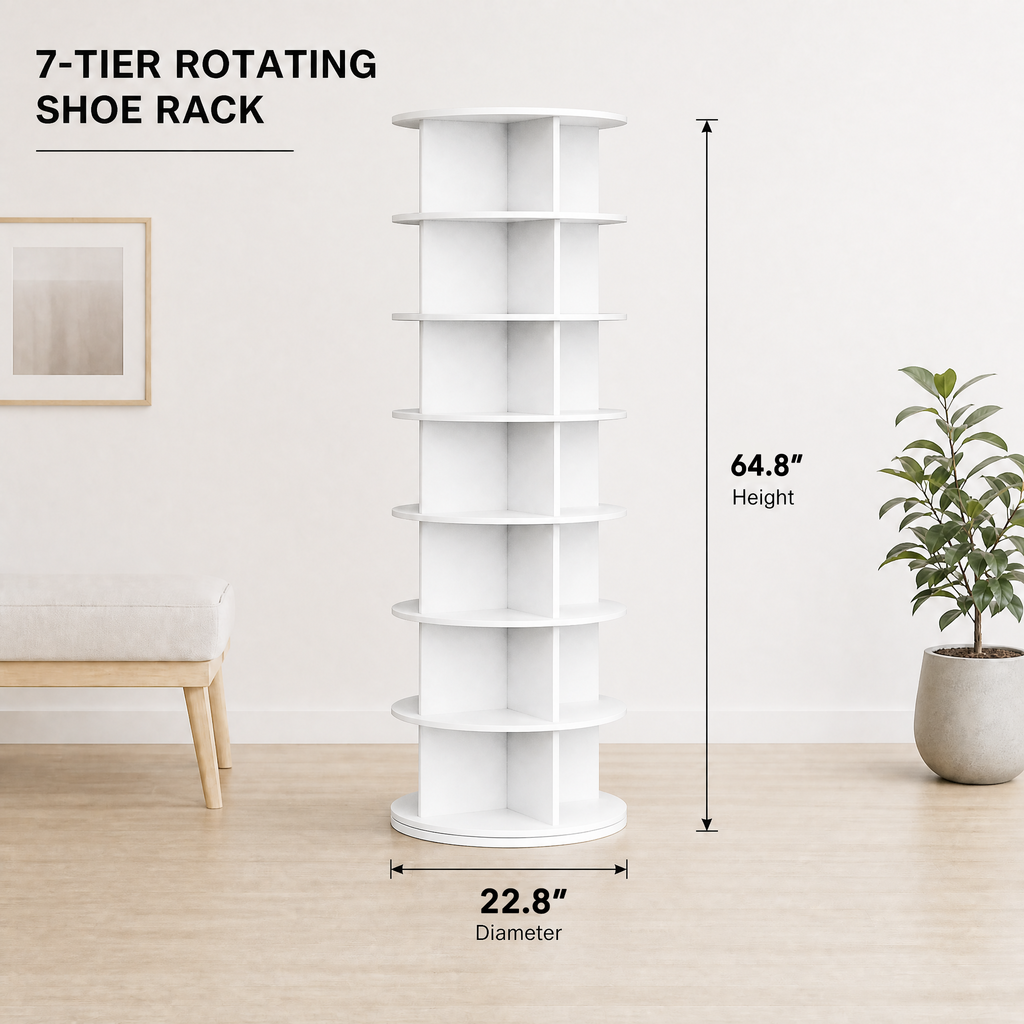 7‑tier rotating shoe rack tower, 360‑degree spinning lazy susan round carousel, vertical revolving storage organizer for shoes and handbags to optimize closet space