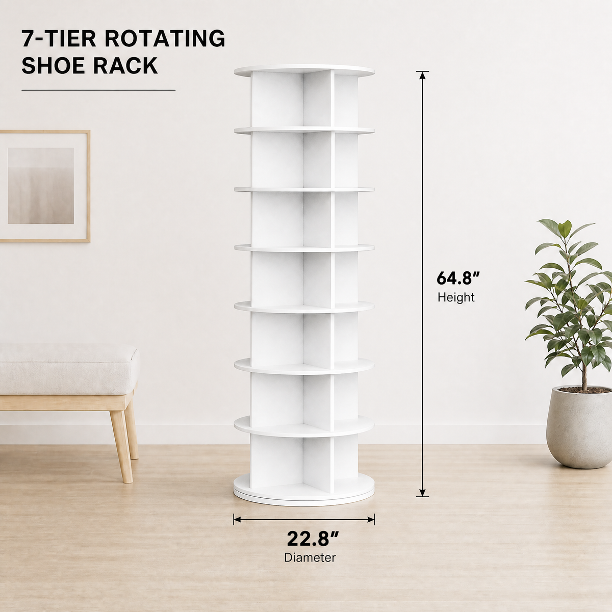 7‑tier rotating shoe rack tower, 360‑degree spinning lazy susan round carousel, vertical revolving storage organizer for shoes and handbags to optimize closet space