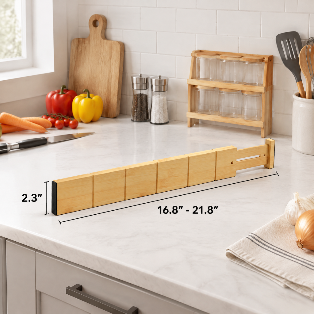 Expandable adjustable bamboo drawer dividers with inserts and labels, set of 8 dividers plus 18 inserts for kitchen, dressers, bathroom and home office storage