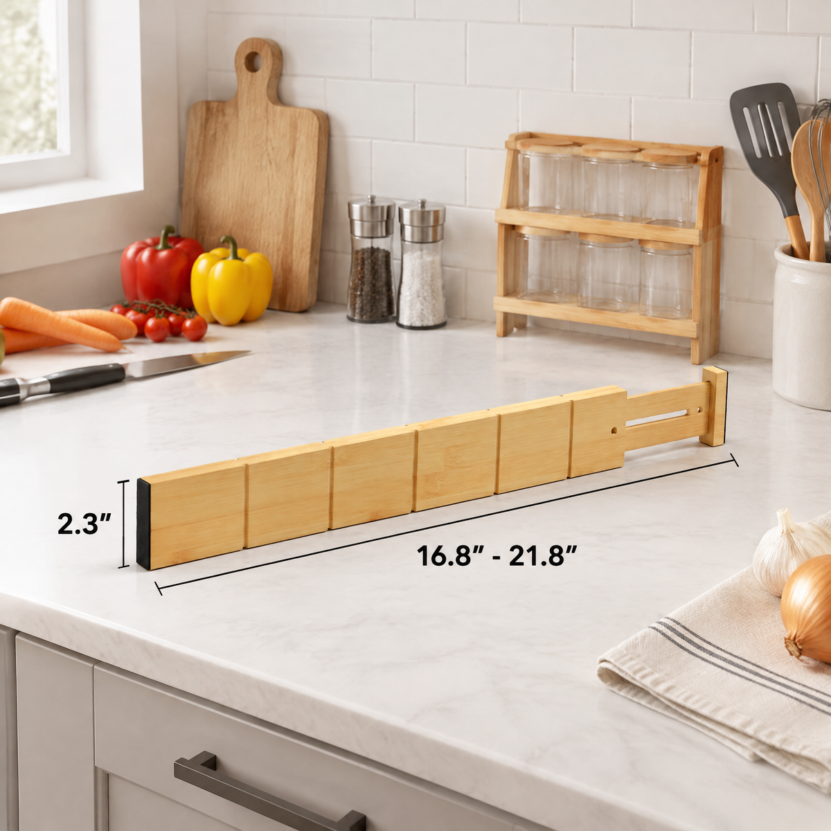 Expandable adjustable bamboo drawer dividers with inserts and labels, set of 8 dividers plus 18 inserts for kitchen, dressers, bathroom and home office storage